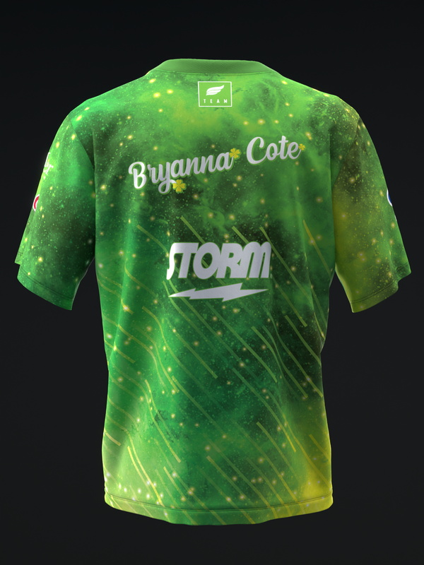 Green bowling jersey with sparkling gradient pattern and Storm logo on back