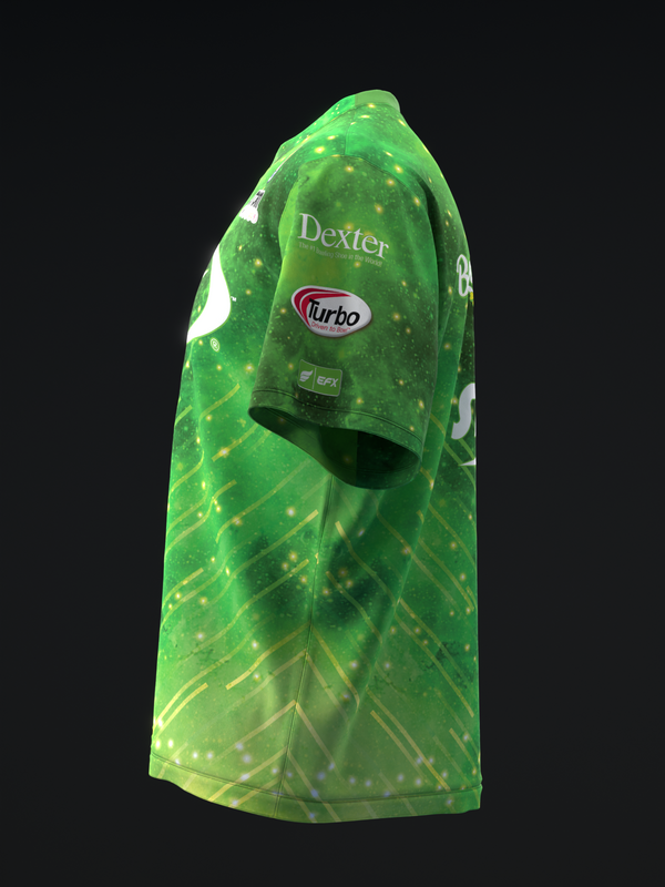 Bright green bowling jersey with yellow sparkle pattern and Dexter Turbo logo, front view