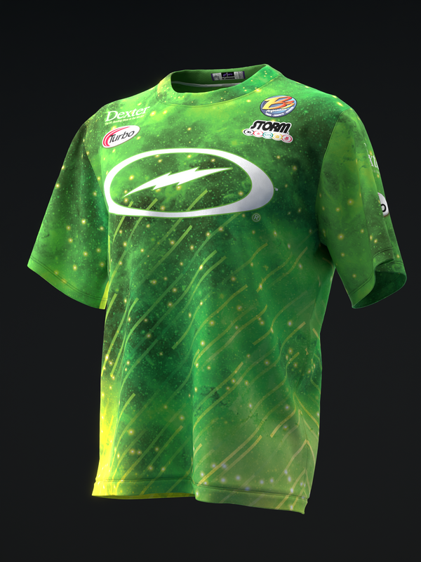 Bright green bowling jersey with abstract sparkle pattern and white oval logo, front view