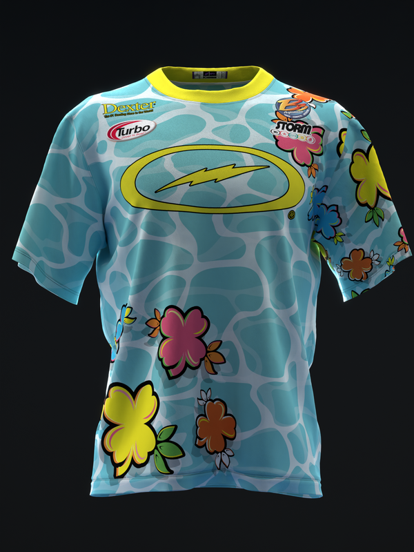 Light blue bowling jersey with yellow neckline, colorful flowers and logo graphics