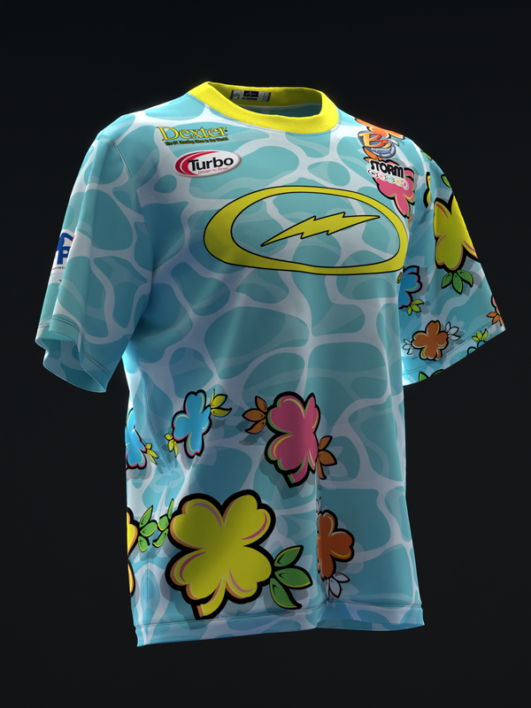 Light blue bowling jersey with colorful flowers and abstract pattern, yellow trim