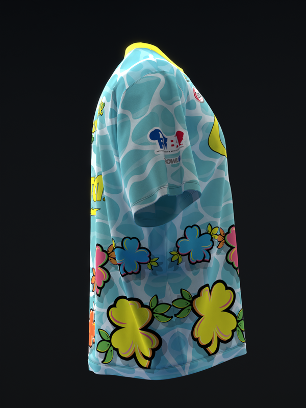 Light blue bowling jersey with colorful flower graphic design, side view