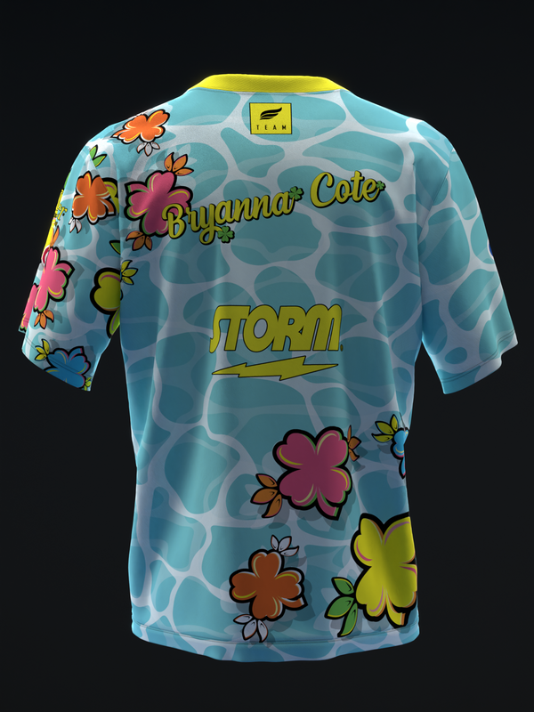 Light blue bowling jersey with colorful floral pattern and yellow text details, front view