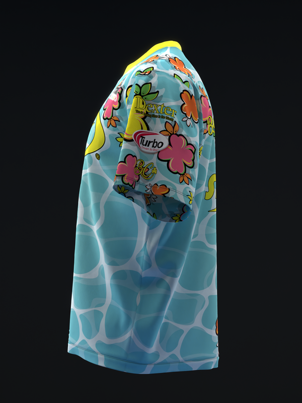 Light blue bowling jersey with colorful floral graphic and geometric pattern, side view