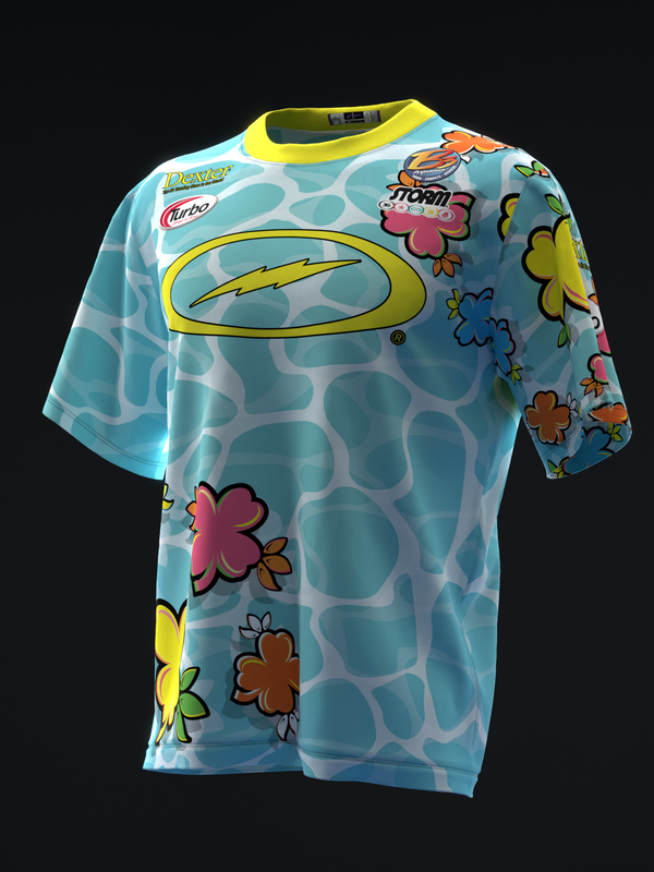 Light blue bowling jersey with colorful flower graphics and yellow oval logo on front
