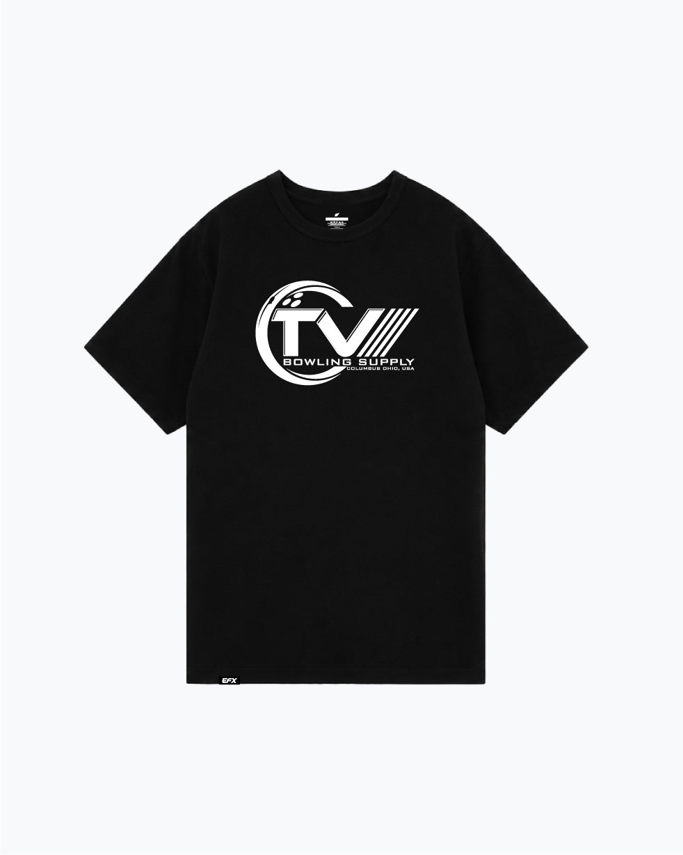 Black t-shirt with white TVBS bowling supply circular logo graphic front