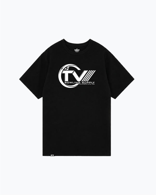 Black t-shirt with white TVBS bowling supply circular logo graphic front