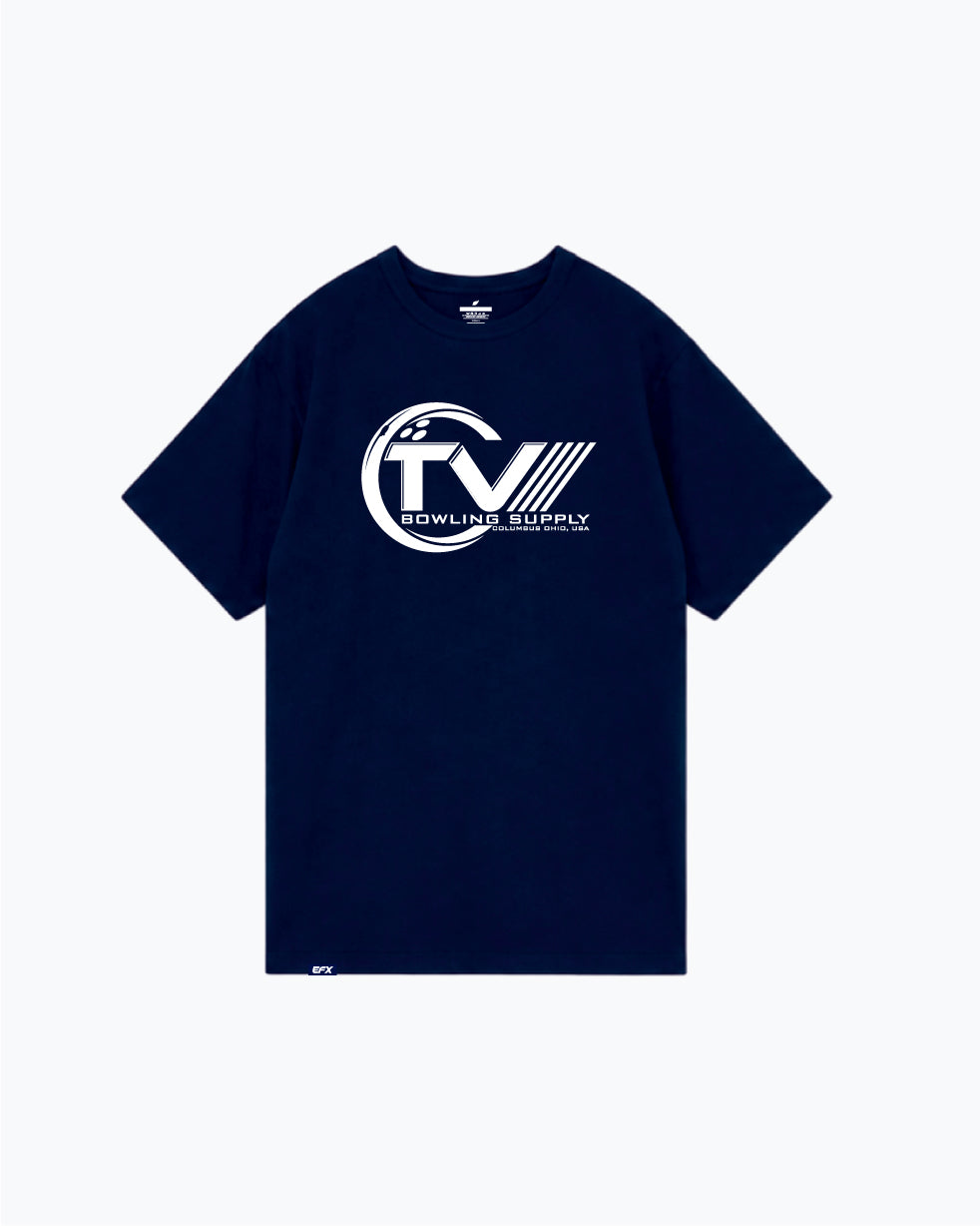 Navy blue t-shirt with white circular TVBS bowling supply logo on front