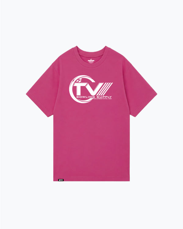 Pink t-shirt with white circular TV bowling supply logo on front