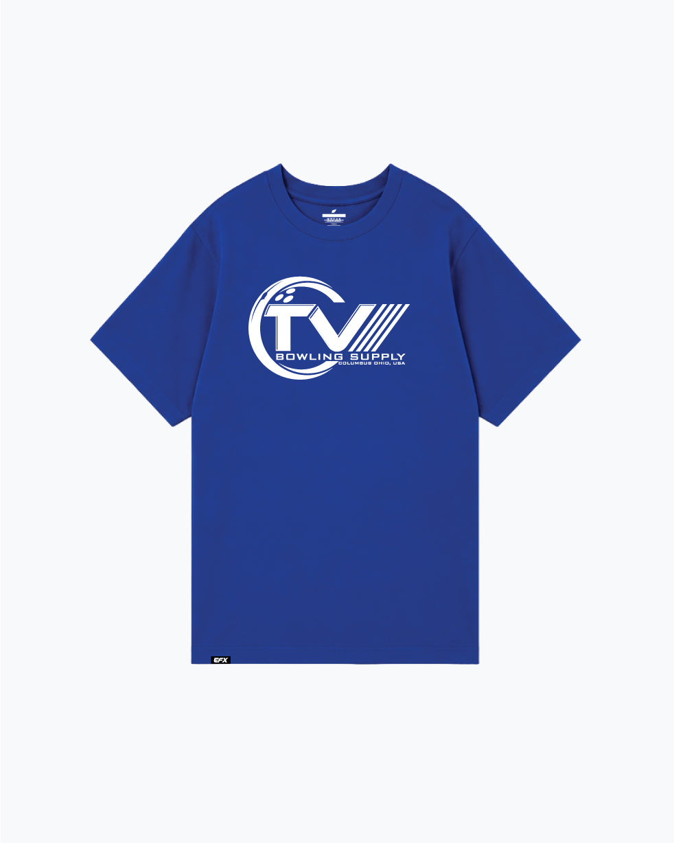 Royal blue bowling tee with white circular TVBS logo and text graphic