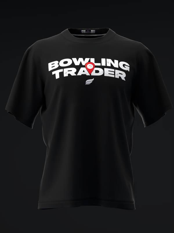 Black bowling t-shirt with white Bowling Trader text and red bowl graphic front view