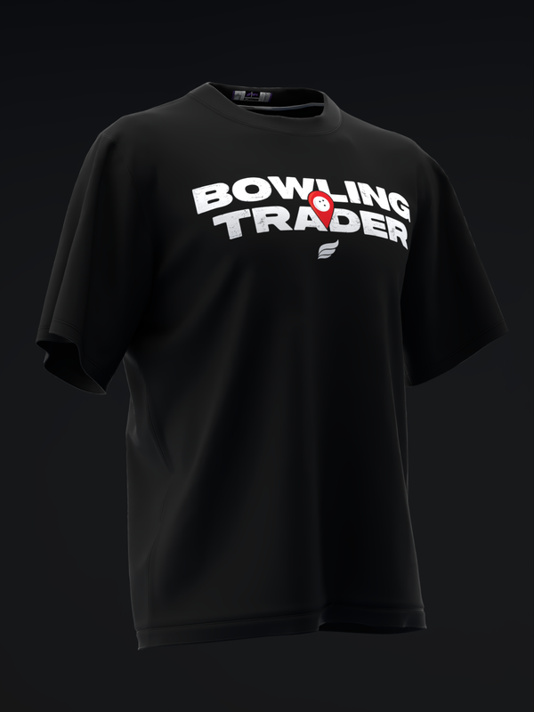 Black t-shirt with white Bowling Trader text and red logo graphic, front view