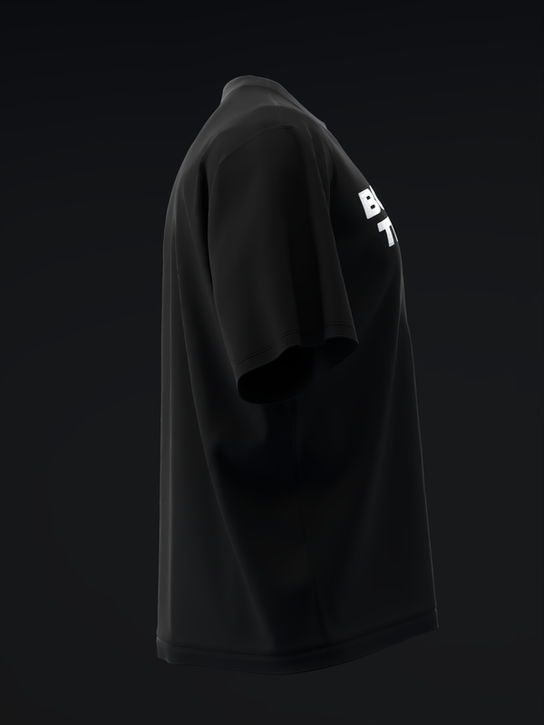 Black bowling t-shirt with white graphic on sleeve, back view