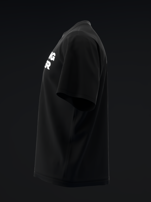 Black bowling t-shirt with white text graphic on sleeve, side view