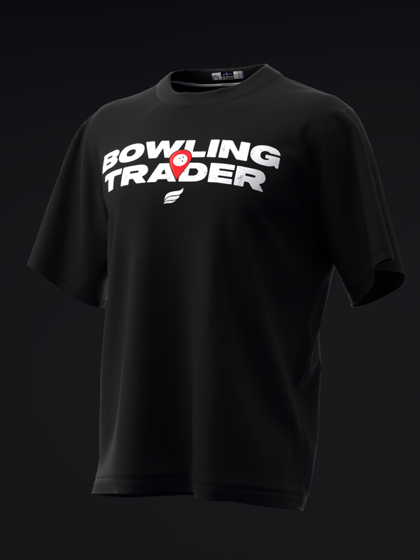 Black bowling tee with white Bowling Trader text and bowling pin graphic