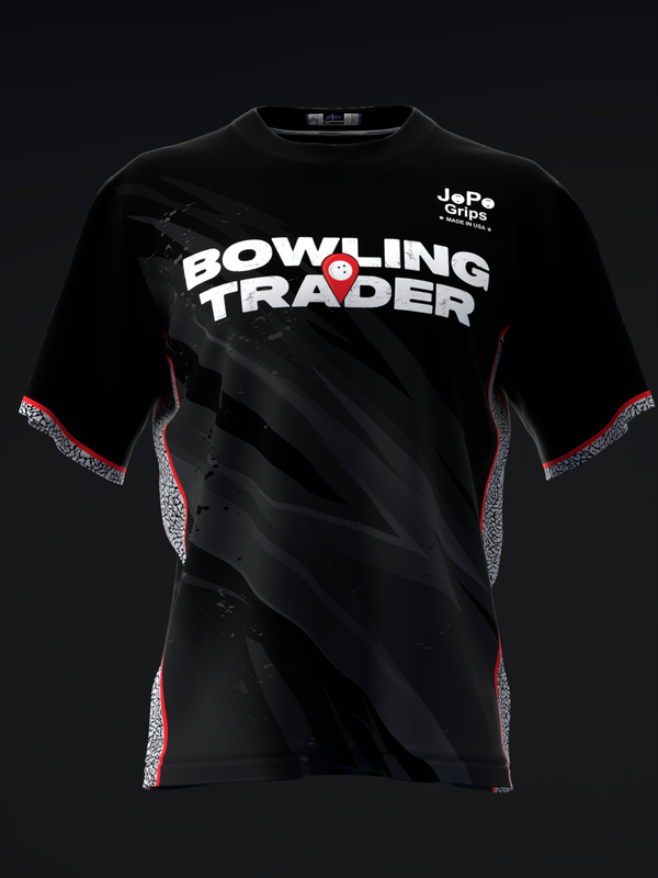 Black bowling jersey with white Bowling Trader text and red side panels, front view