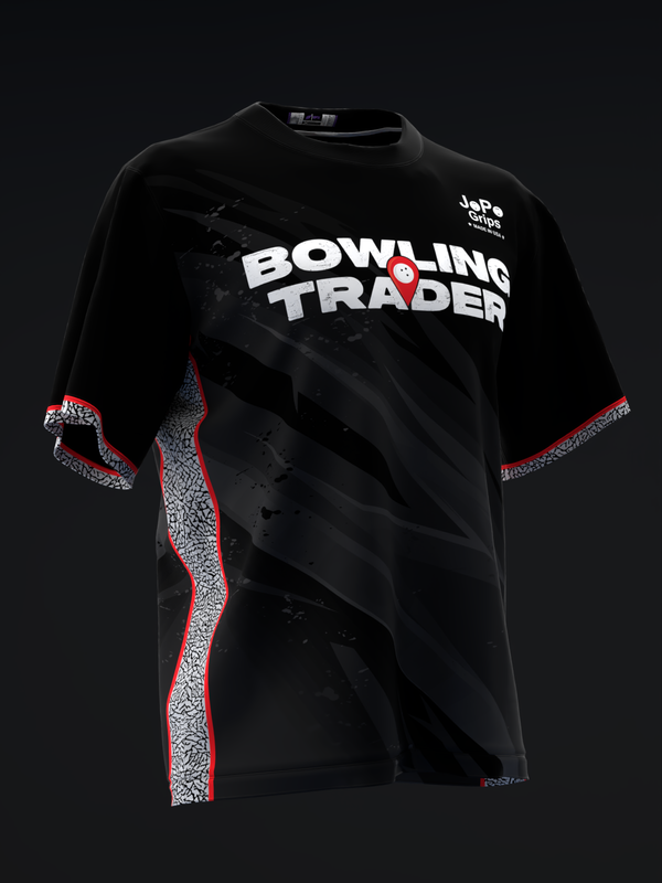 Black bowling jersey with Bowling Trader text and red side panel accents