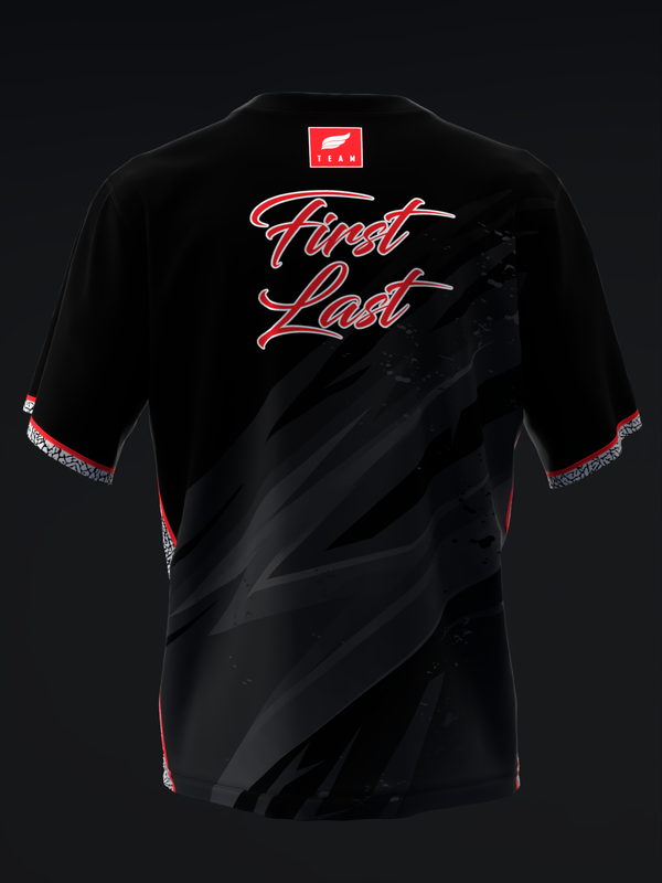 Black bowling jersey with red and white First Last text, back view shown