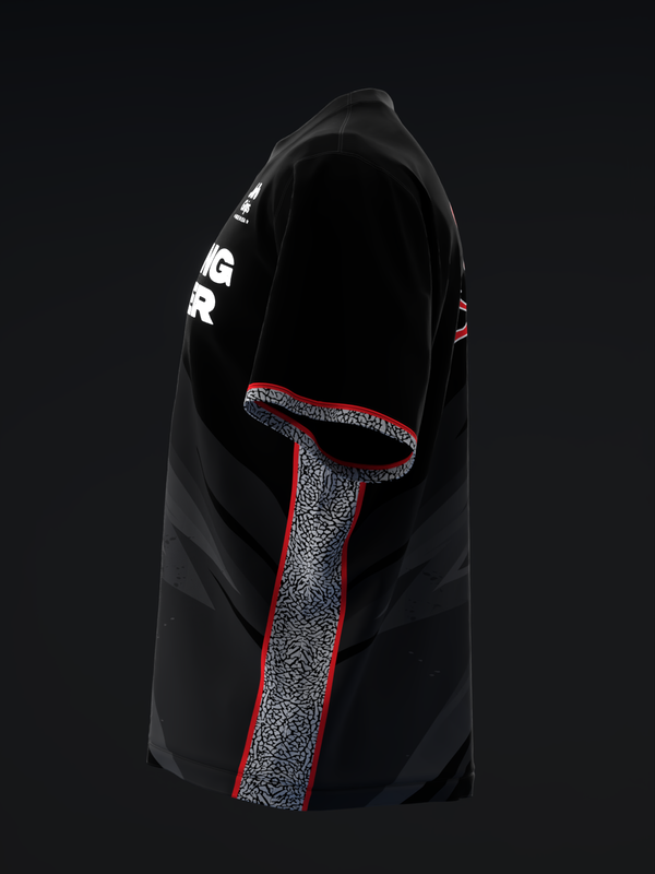 Black bowling jersey with gray textured sleeves and red trim detail, front view