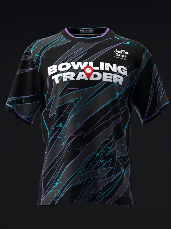 Black bowling jersey with cyan and purple streaked pattern and white Bowling Trader text, front view