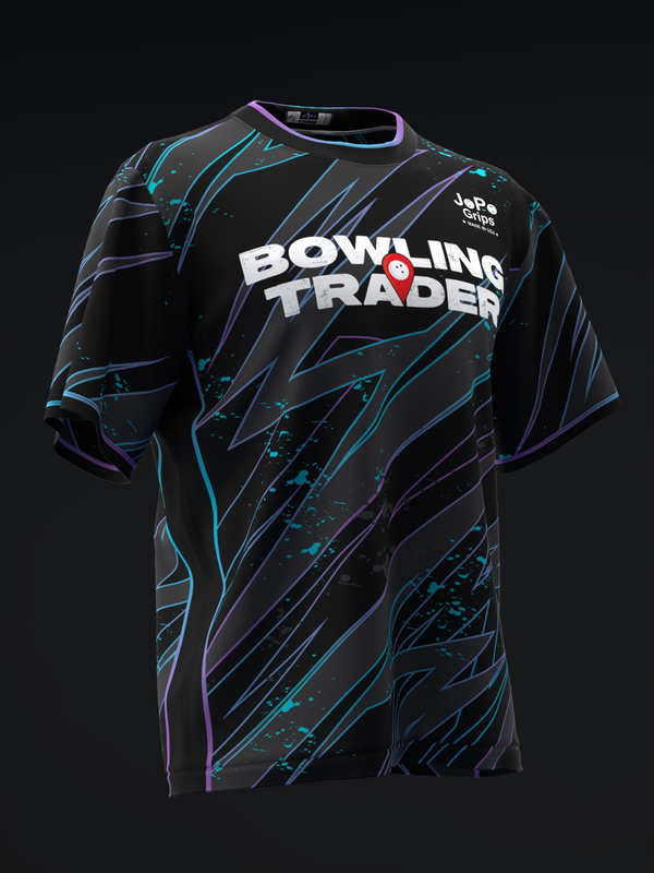 Black bowling jersey with cyan and purple lightning pattern and white Bowling Trader text