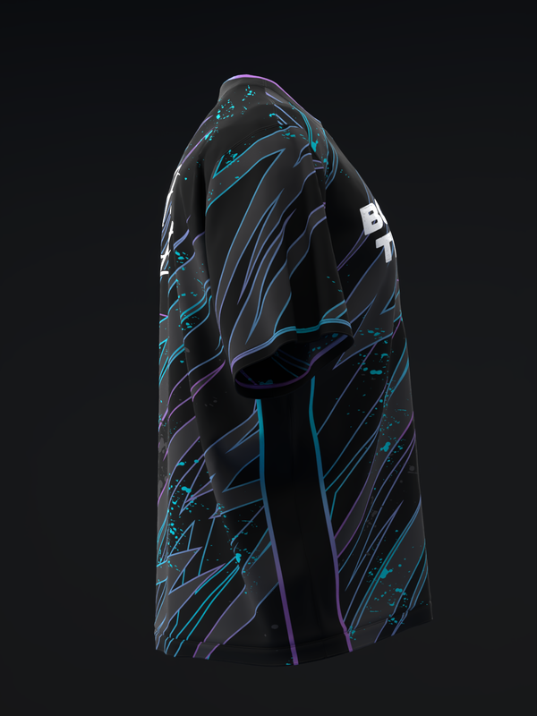 Black bowling jersey with cyan and purple abstract geometric design, side view