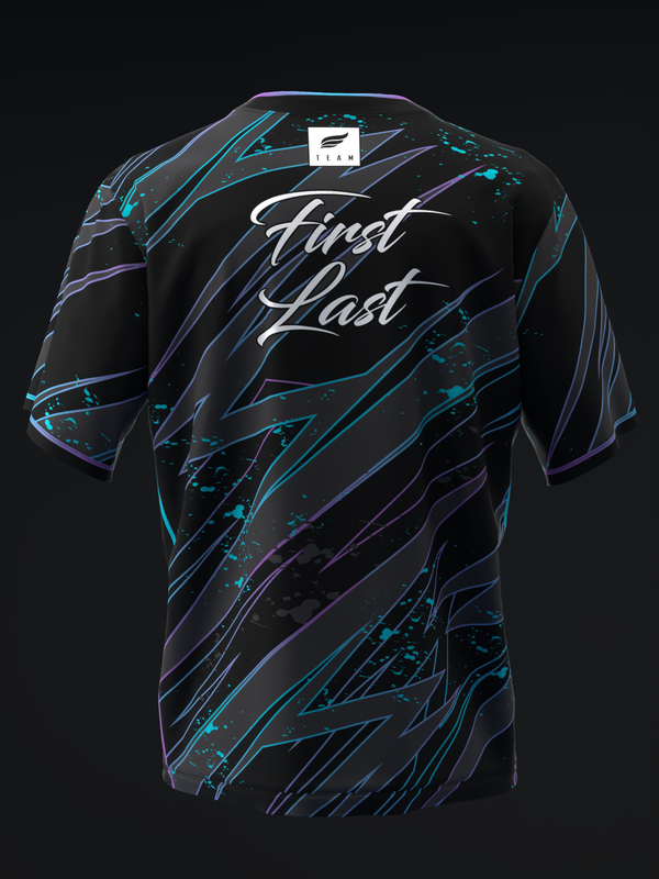 Black bowling jersey with cyan and purple abstract streaking pattern and script text back view
