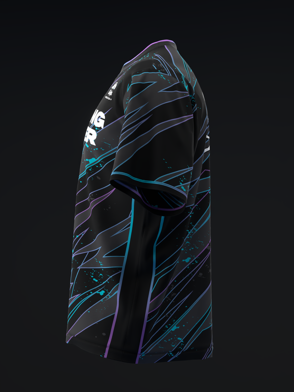Black bowling jersey with cyan and purple streaking design, side view