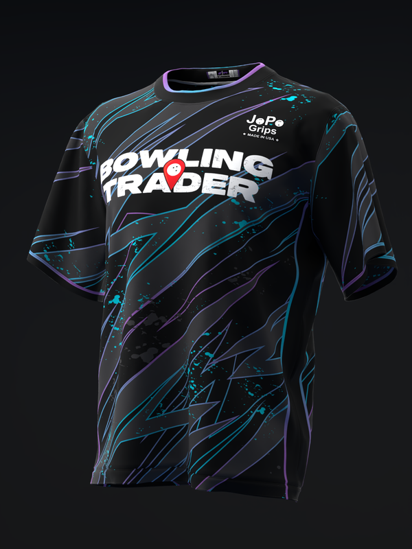 Black bowling jersey with cyan and purple abstract streaks and Bowling Trader text