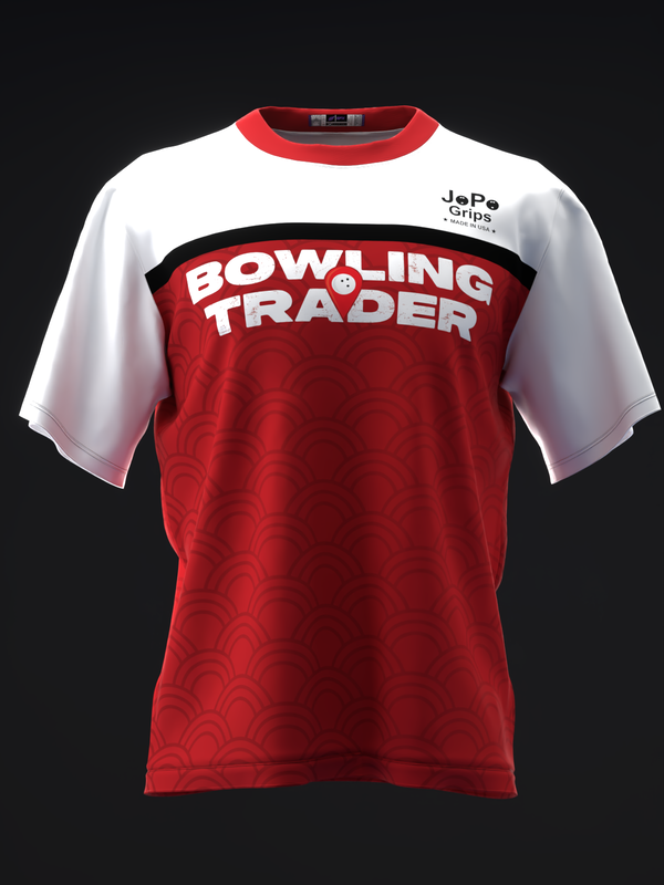 Red and white bowling jersey with Bowling Trader text across chest, front view