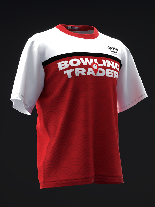 Red and white bowling jersey with Bowling Trader text and tidal pattern detail