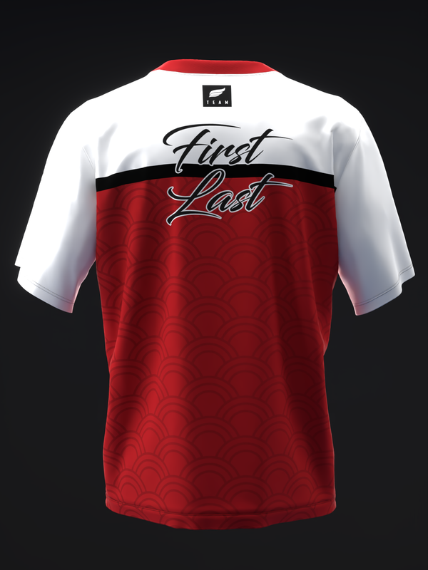 Red and white bowling jersey with First Last script text design, front view