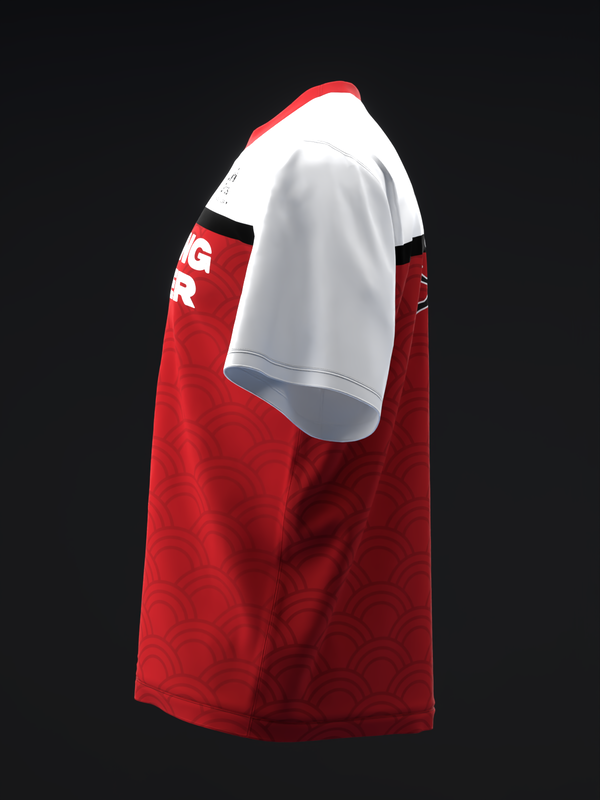 Red and white bowling jersey with tidal pattern and white text detail on sleeve