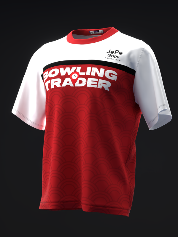 Red and white bowling jersey with Bowling Trader text on chest front view