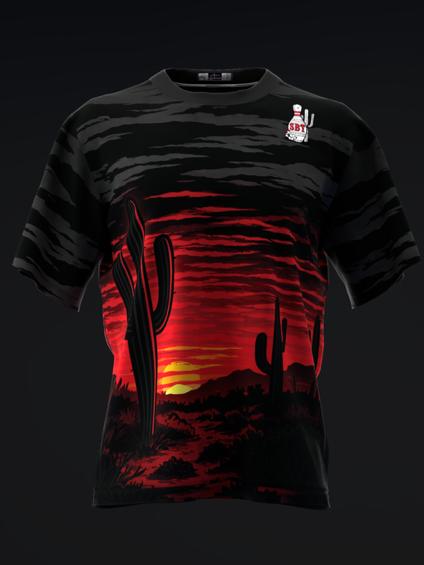 Black bowling jersey with red desert sunset and cactus graphic, front view
