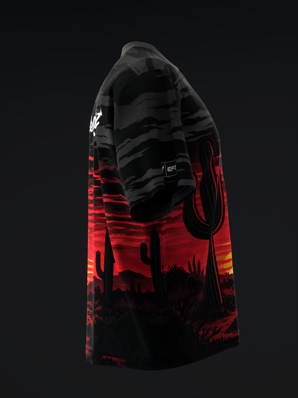 Black and red bowling jersey with desert sunset and cactus silhouette graphic