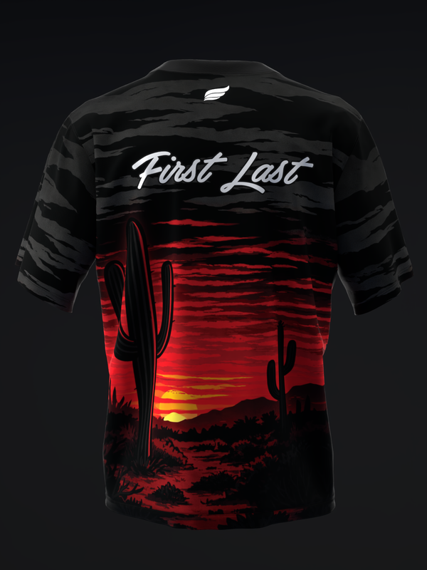 Black bowling jersey with desert sunset graphic and First Last text, back view