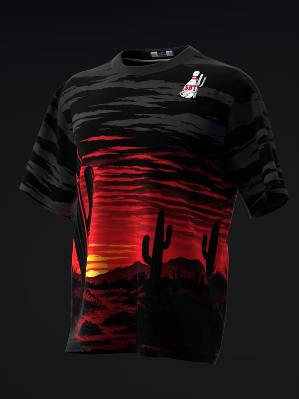 Black and red bowling jersey with desert sunset and cactus graphic, front view