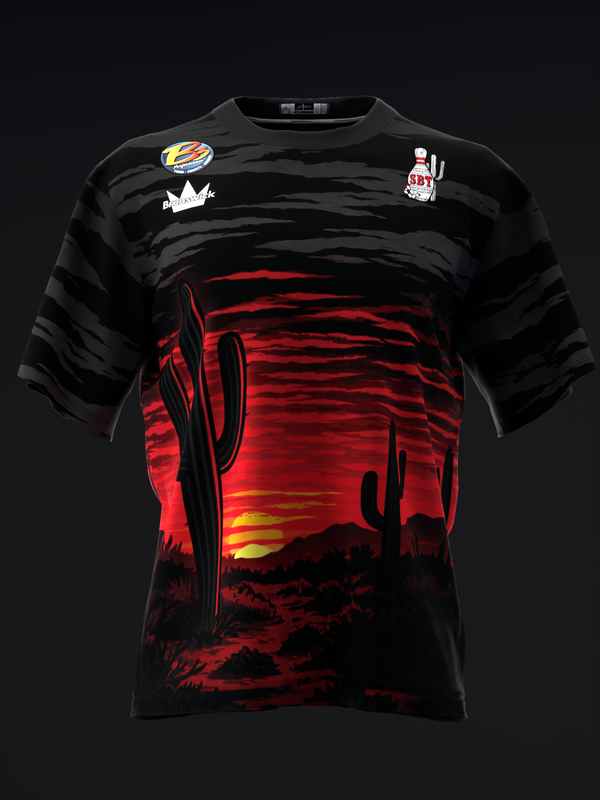 Black bowling jersey with red desert sunset graphic and small logos