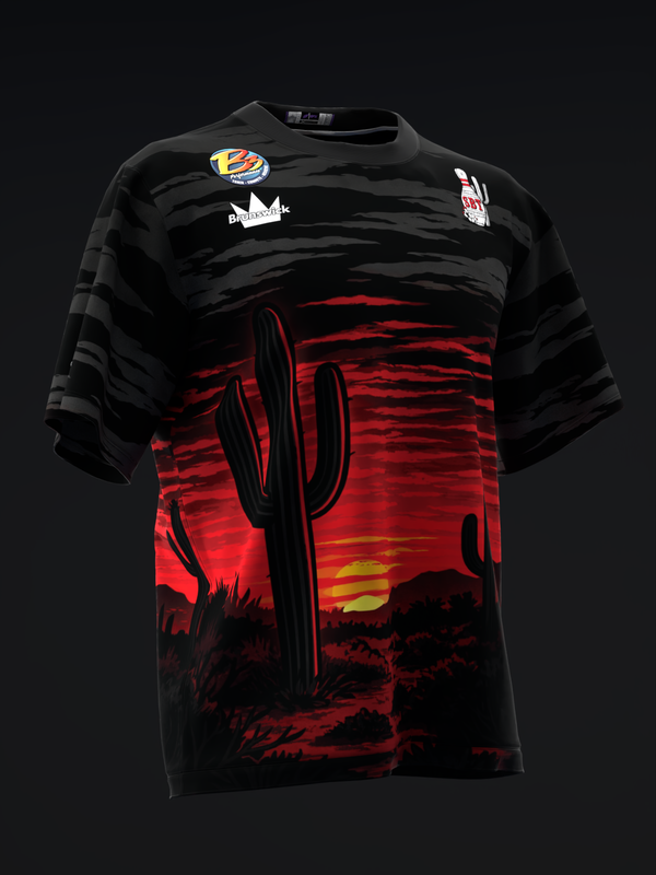 Black bowling jersey with red desert sunset and saguaro cactus graphic, front view