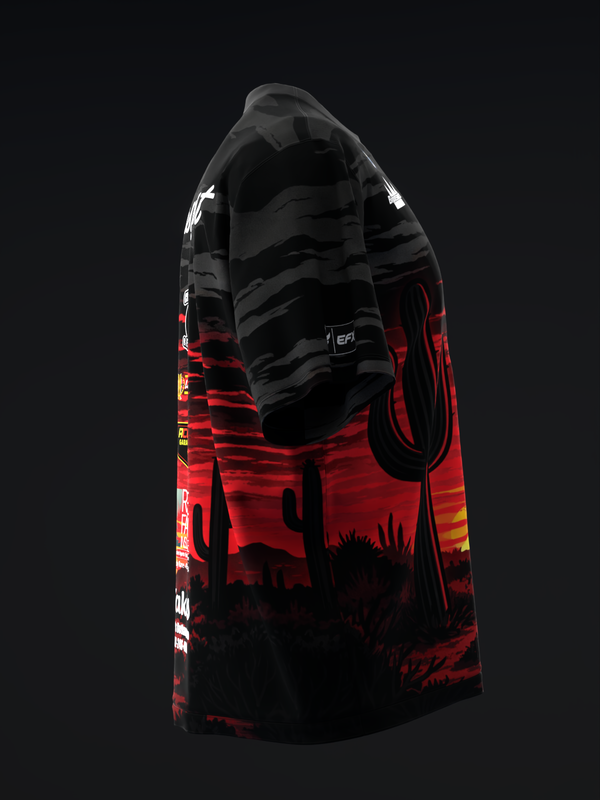 Black and red bowling jersey with desert landscape graphic design, side view