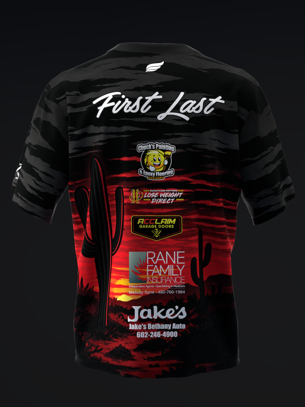 Back view of black and red bowling jersey with desert sunset graphic and sponsor logos