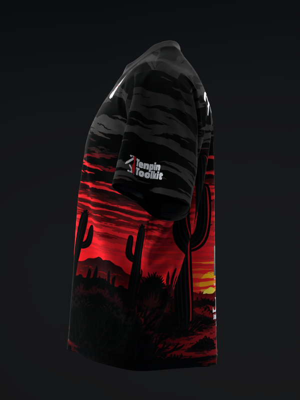 Black and red bowling jersey with desert sunset landscape graphic on front