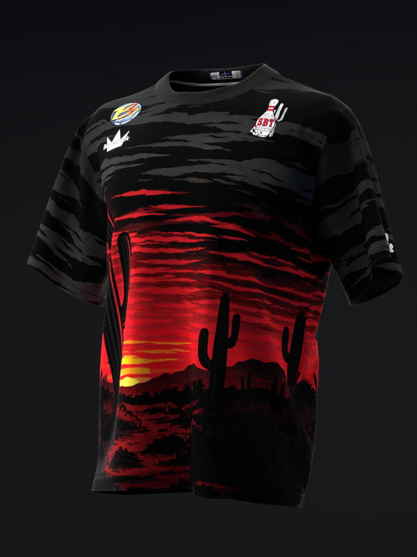 Black and red bowling jersey with desert sunset and saguaro cactus graphic, front view
