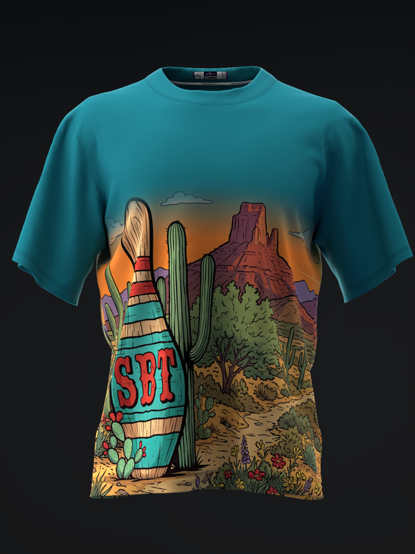 Teal bowling jersey with colorful desert landscape and surfboard graphic on front