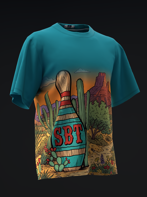 Teal bowling jersey with colorful desert landscape and bowling pin graphic front view