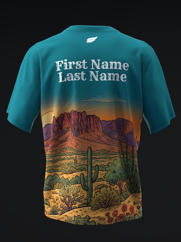Teal bowling jersey back view with desert landscape graphic and personalization text