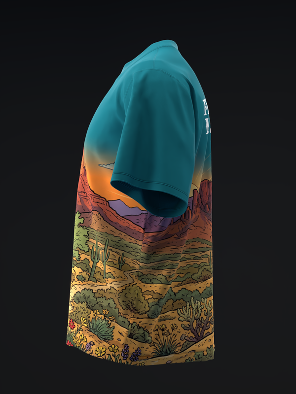 Teal bowling jersey with desert landscape and cactus graphic on front