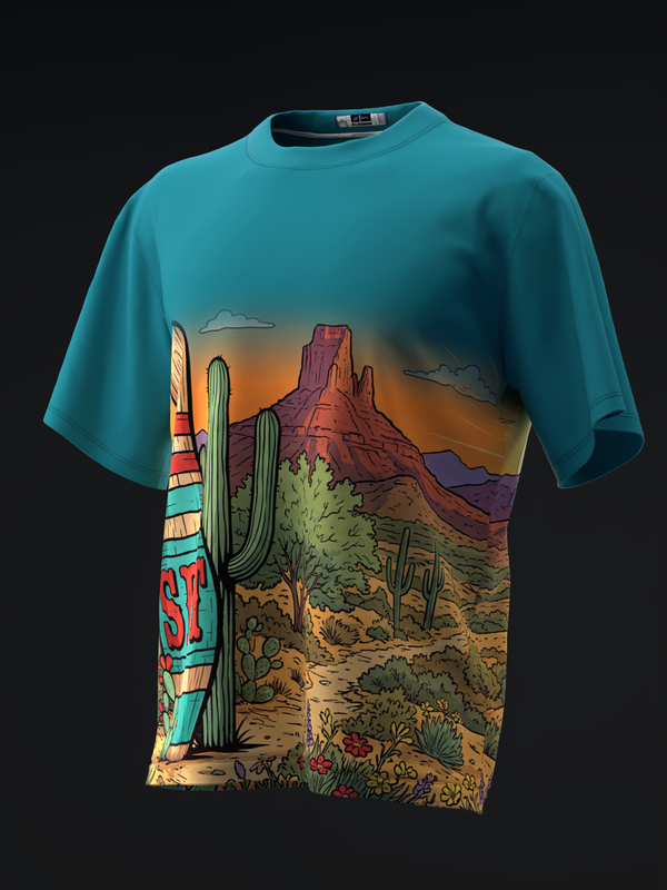Teal bowling jersey with desert landscape graphic and colorful cactus design front view