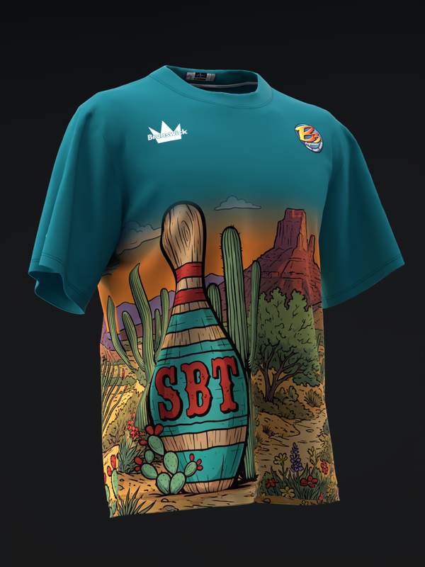 Teal bowling jersey front with desert landscape and colorful bowling pin graphic